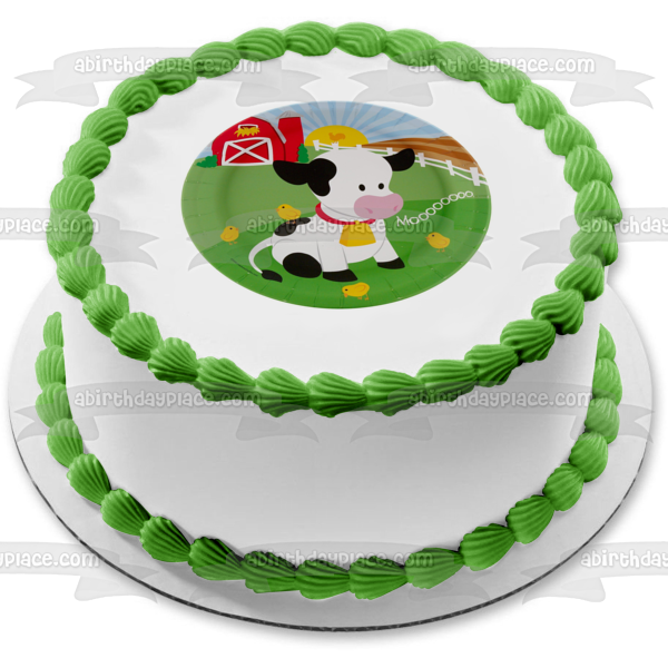 Barnyard Cartoon Cow Baby Chicks Fence and a Barn Edible Cake Topper Image ABPID07303