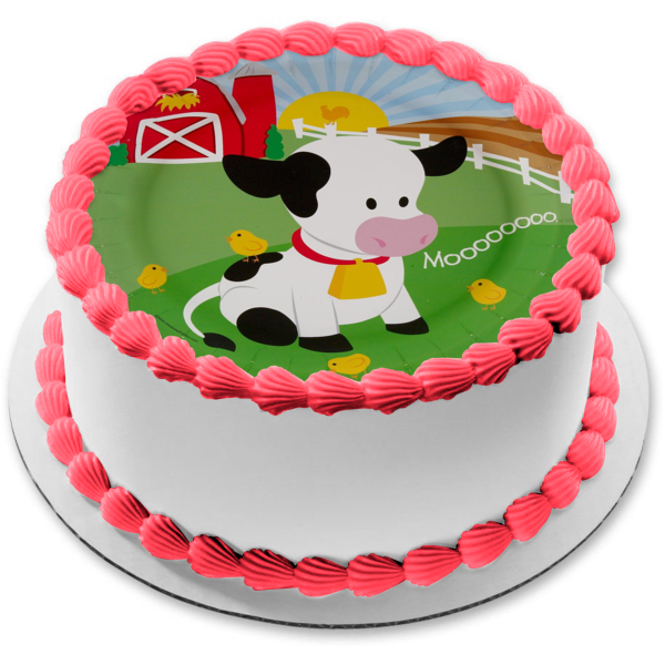 Barnyard Cartoon Cow Baby Chicks Fence and a Barn Edible Cake Topper Image ABPID07303