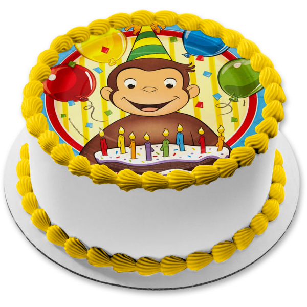 Curious George Happy Birthday Cake Party Hat and Balloons Edible Cake Topper Image ABPID07669