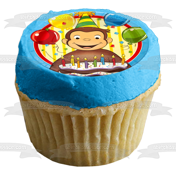 Curious George Happy Birthday Cake Party Hat and Balloons Edible Cake ...