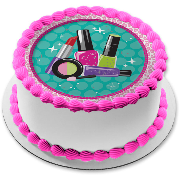Makeup Lipstick Nail Polish Eye Shadow Pink Cheetah Print Edge Edible Cake Topper Image ABPID09862
