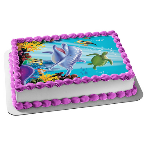 Ocean Life Dolphin Turtle Coral Variety of Fish Coral Edible Cake Topper Image ABPID27384