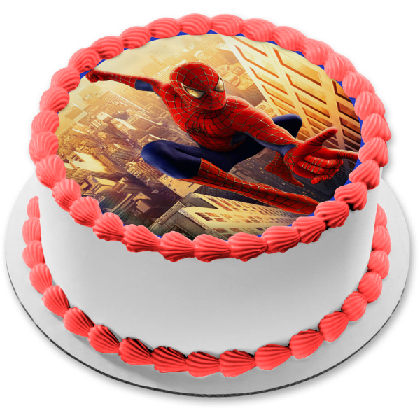 Marvel Spider-Man Jumping Over Buildings Edible Cake Topper Image ABPID11825