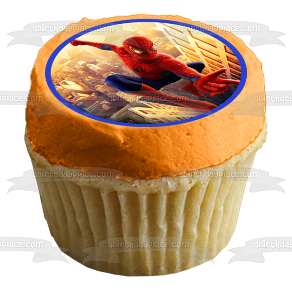 Marvel Spider-Man Jumping Over Buildings Edible Cake Topper Image ABPID11825