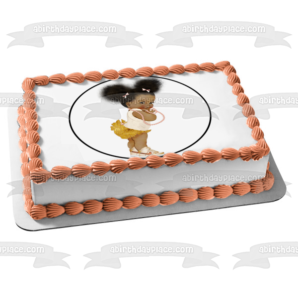 African American Baby Girl Pink Pearl Necklace Pink Gold Edible Cake Topper Image ABPID27734