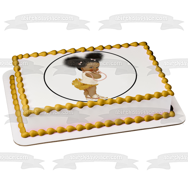 African American Baby Girl Pink Pearl Necklace Pink Gold Edible Cake Topper Image ABPID27734