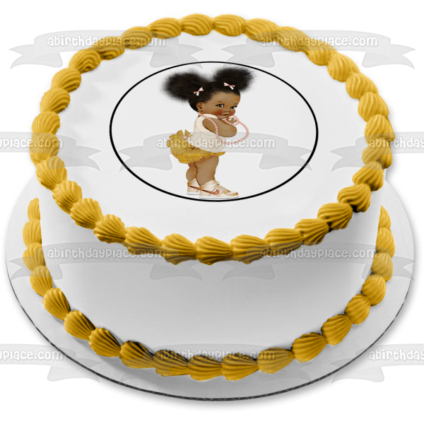 African American Baby Girl Pink Pearl Necklace Pink Gold Edible Cake Topper Image ABPID27734