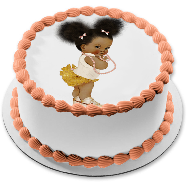 African American Baby Girl Pink Pearl Necklace Pink Gold Edible Cake Topper Image ABPID27734