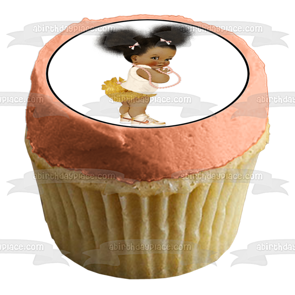 African American Baby Girl Pink Pearl Necklace Pink Gold Edible Cake Topper Image ABPID27734