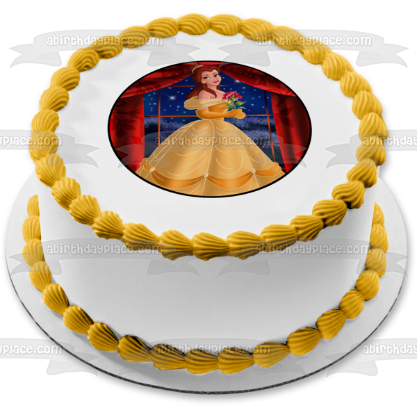 Disney Beauty and the Beast Belle Ball Gown Rose Edible Cake Topper Image ABPID27600