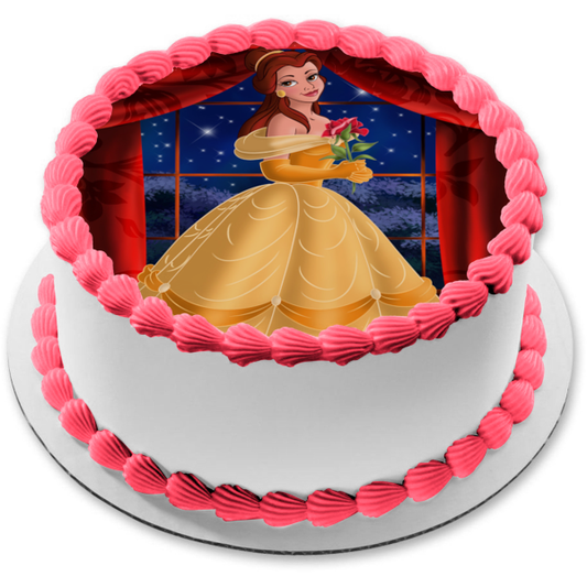 Disney Beauty and the Beast Belle Ball Gown Rose Edible Cake Topper Image ABPID27600