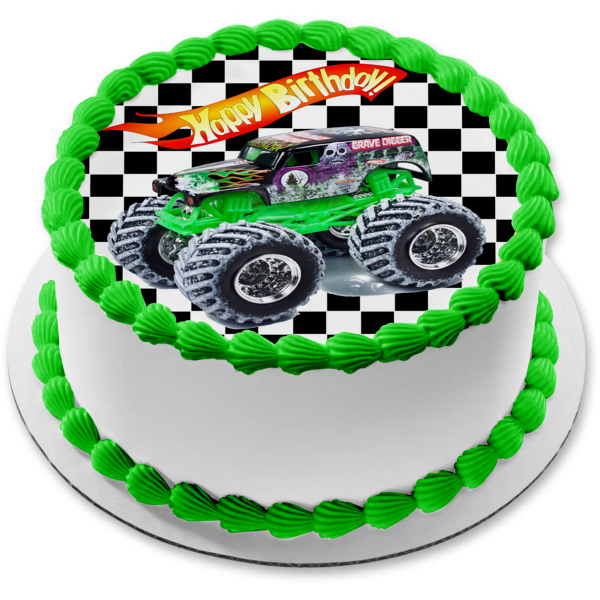 Hot Wheels Happy Birthday Grave Digger Edible Cake Topper Image ABPID12114