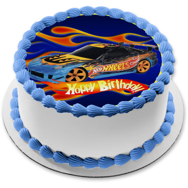 Hot Wheels Happy Birthday Blue Race Car Edible Cake Topper Image ABPID12125