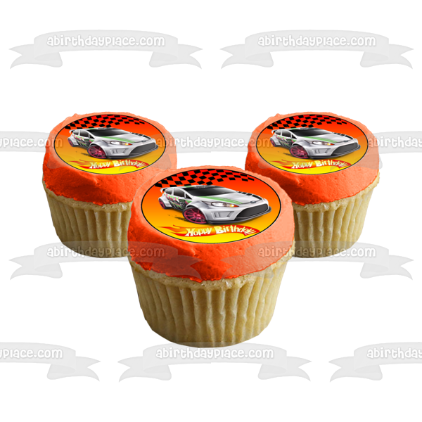 Hot Wheels Happy Birthday Silver Car Checkered Flag Edible Cake Topper Image ABPID12134