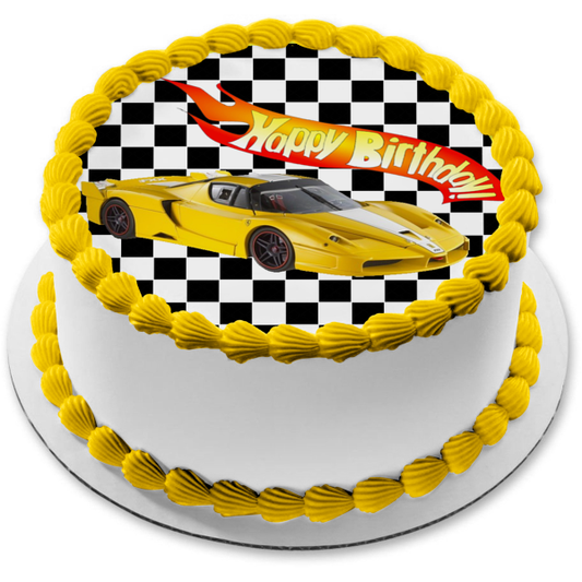 Mattel Hot Wheels Happy Birthday Yellow Race Car Edible Cake Topper Image ABPID12135