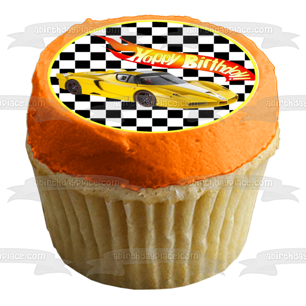 Mattel Hot Wheels Happy Birthday Yellow Race Car Edible Cake Topper Image ABPID12135