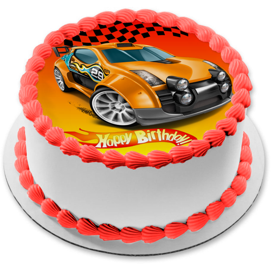 Mattel Hot Wheels Happy Birthday Orange Race Car Edible Cake Topper Image ABPID12142