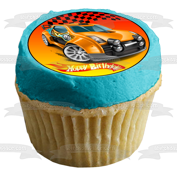 Mattel Hot Wheels Happy Birthday Orange Race Car Edible Cake Topper Image ABPID12142