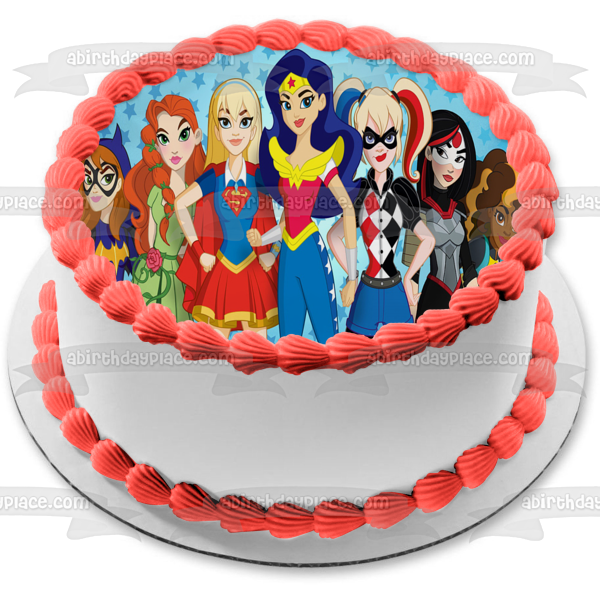 Super Hero Girls Super Girl Wonder Woman Bat Girl and Poison Ivy Edible Cake Topper Image ABPID03581
