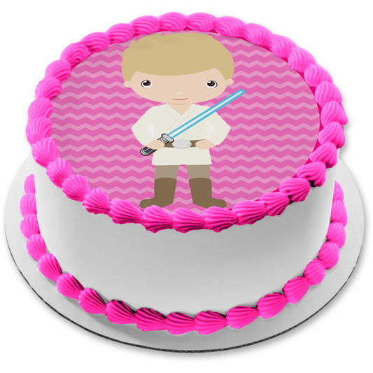 Star Wars Cartoon Anakin Skywalker Lightsaber Pink Background Edible Cake Topper Image ABPID12728