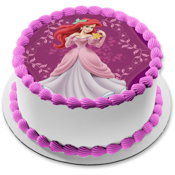 Disney the Little Mermaid Ariel Ball Gown Starfish Flowers Purple Background Edible Cake Topper Image ABPID12774