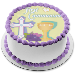 First Commuion Cross Wine Glass Grapes Hearts Edible Cake Topper Image ABPID13259