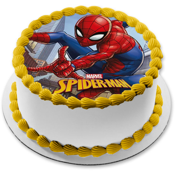 Marvel Spider-Man Shooting Webs Buildings Background Edible Cake Topper Image ABPID21765