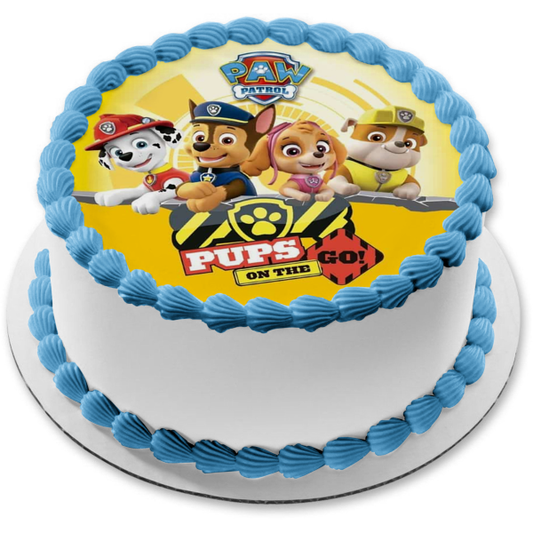 Paw Patrol Pups on the Go Marshall Skye Rocky Chase Yellow Background Edible Cake Topper Image ABPID21793