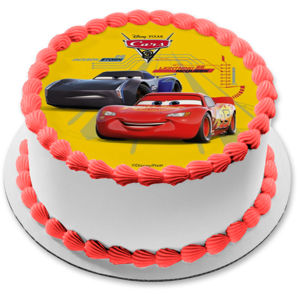 Cars 3 Lightening McQueen Jackson Storm Yellow Background Edible Cake Topper Image ABPID21808