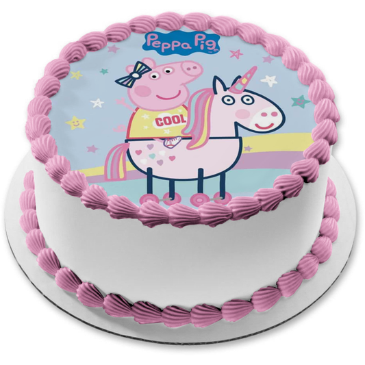Peppa Pig Riding Unicorn Stars Rainbow Edible Cake Topper Image ABPID21809