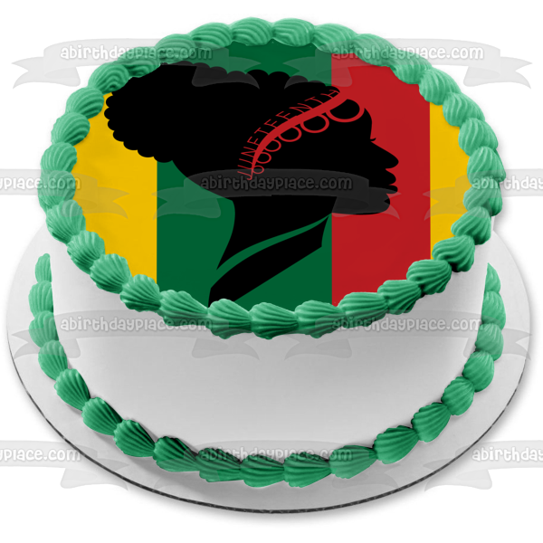 Imagen comestible para tarta con silueta de mujer afroamericana del Día de la Libertad del 16 de junio ABPID54098 