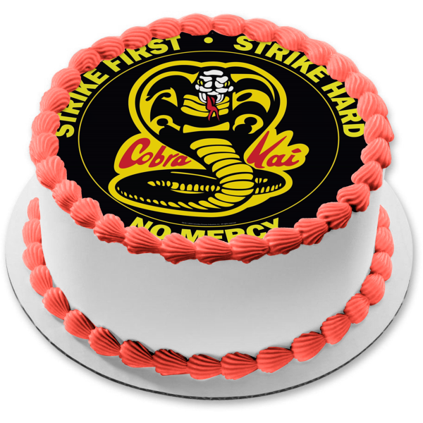 Cobra Kai Snake "Strike First Strike Hard No Mercy" Edible Cake Topper Image ABPID54073