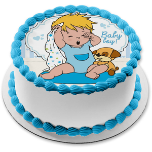 Baby Boy Cartoon Toy Puppy Blue Hearts Edible Cake Topper Image ABPID22104