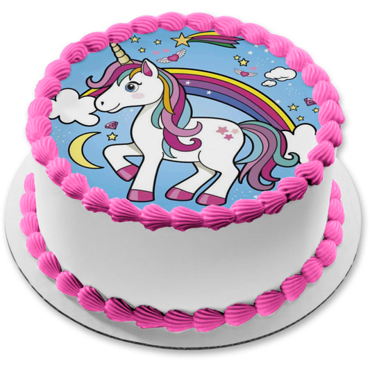 Unicorn Rainbow Clouds Moon Blue Stars Background Edible Cake Topper Image ABPID21909
