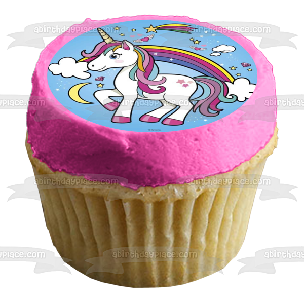 Unicornio, arcoíris, nubes, luna, estrellas azules, fondo, decoración comestible para tarta, imagen ABPID21909 