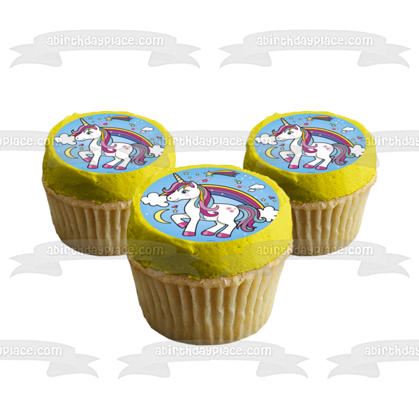 Unicornio, arcoíris, nubes, luna, estrellas azules, fondo, decoración comestible para tarta, imagen ABPID21909 