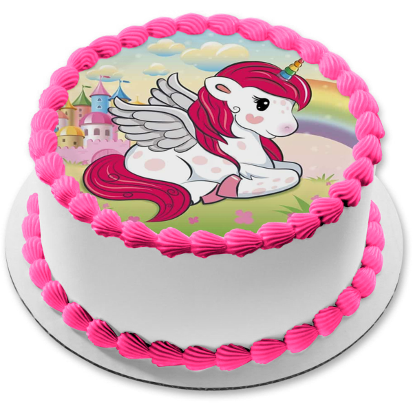Unicorn Cartoon Pink Hair Rainbow Horn Castle Edible Cake Topper Image ABPID22133