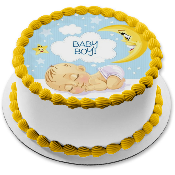Baby Boy Sleeping Moon Stars Blue Background Baby Shower Edible Cake Topper Image ABPID21925