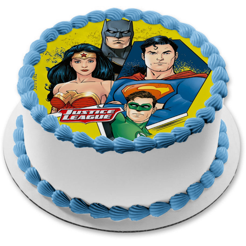 Justice League Superman Green Lantern Wonder Woman Batman Yellow Background Edible Cake Topper Image ABPID21930