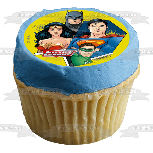 Justice League Superman Green Lantern Wonder Woman Batman Yellow Background Edible Cake Topper Image ABPID21930