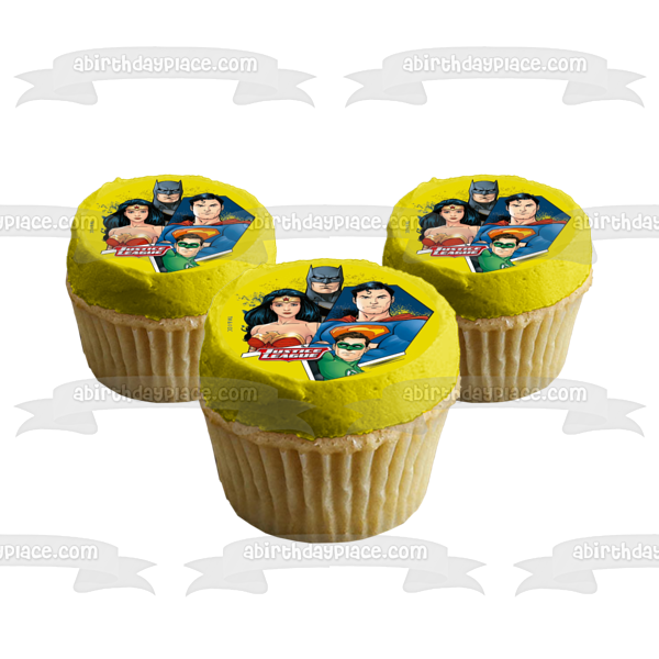 Justice League Superman Green Lantern Wonder Woman Batman Yellow Background Edible Cake Topper Image ABPID21930
