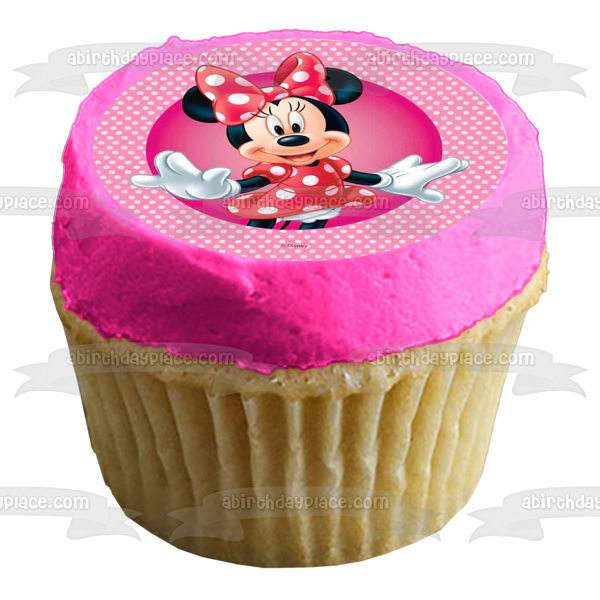 Disney Minnie Mouse Pink White Polka Dot Background Edible Cake Topper Image ABPID21931
