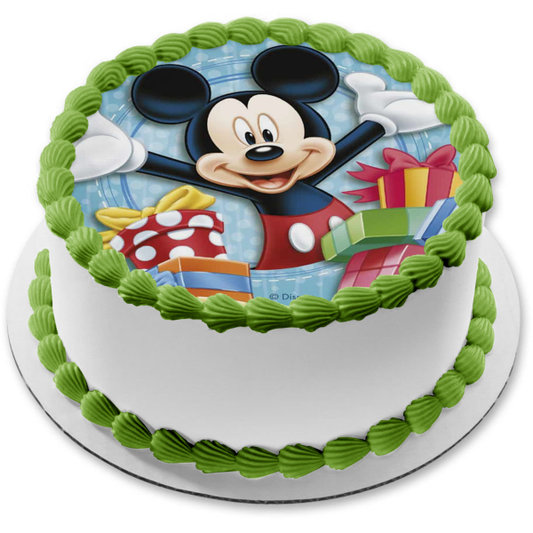 Disney Mickey Mouse Happy Birthday Presents Edible Cake Topper Image ABPID21960