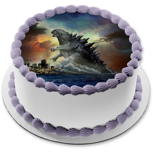 Godzilla Standing Over City Buildings Dark Sky Lake Edible Cake Topper Image ABPID27301