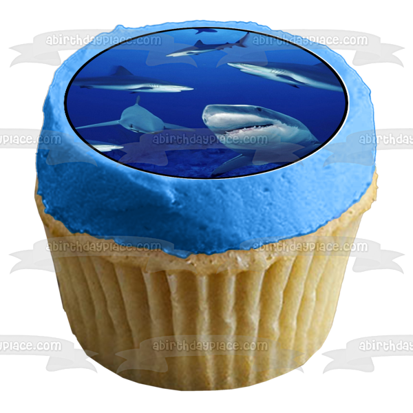 Decoración comestible para tarta con tiburones nadando en el agua Imagen ABPID27740 