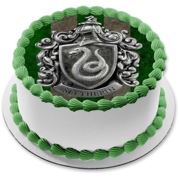 Harry Potter Slytherin Silver Crest Green Striped Background Edible Cake Topper Image ABPID27814