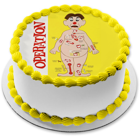 Operación Juego Mattel Hombre Cuerpo Huesos Fondo Amarillo Imagen Comestible Para Pastel ABPID28012 