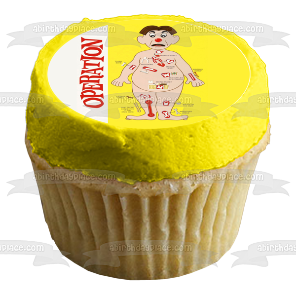 Operation Game Mattel Man Body Bones Yellow Background Edible Cake Topper Image ABPID28012