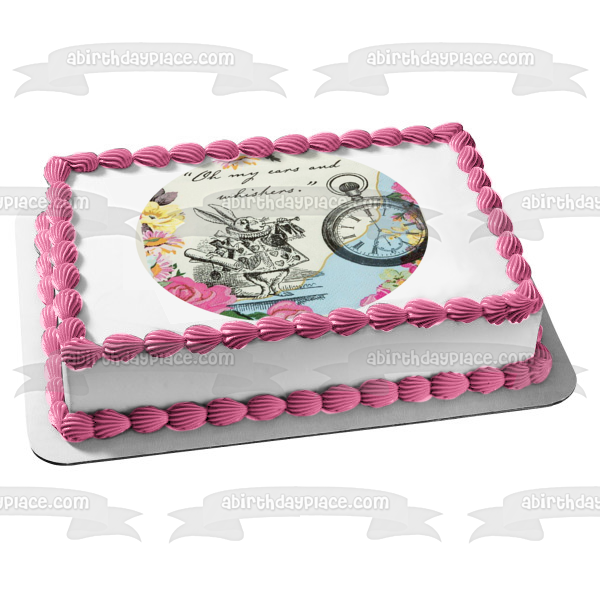 Round Truly Alice White Rabbit Tea Party Birthday Edible Cake Topper Image ABPID50241