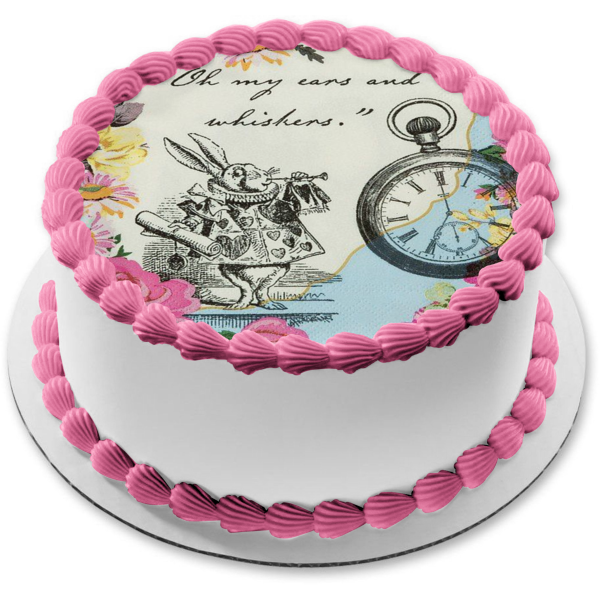 Round Truly Alice White Rabbit Tea Party Birthday Edible Cake Topper Image ABPID50241